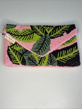 Beaded Tropical Leaf Envelope Clutch - M&J - Pink & Green